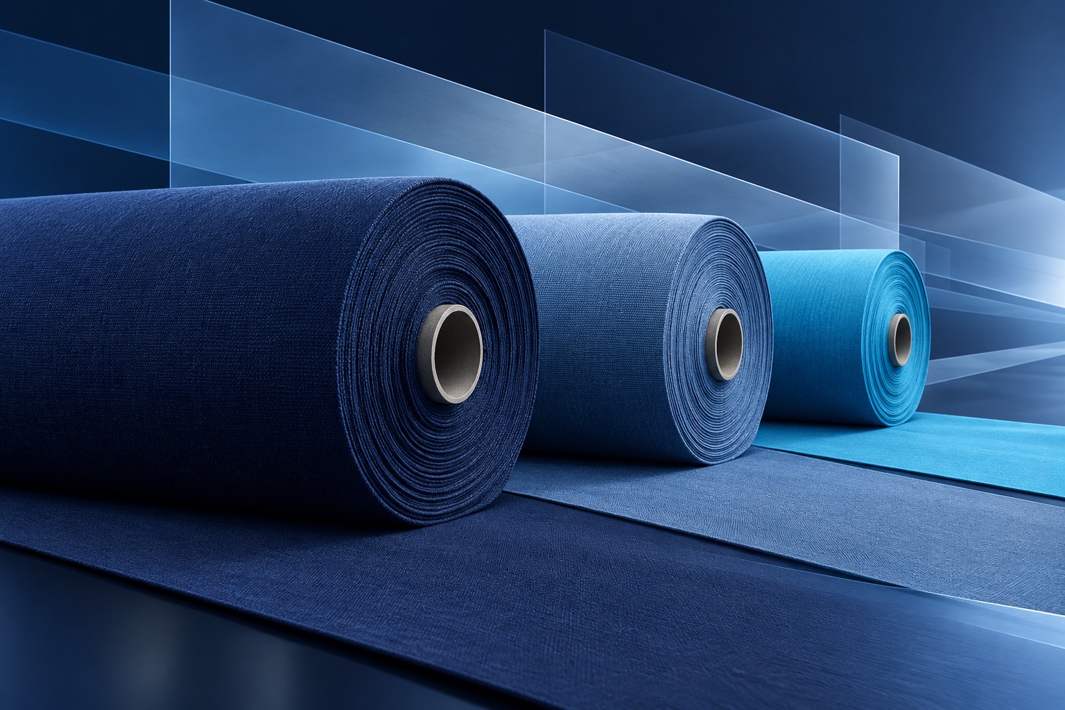Rollos textiles azules con planos geométricos abstractos; imagen ilustrativa, no instalaciones