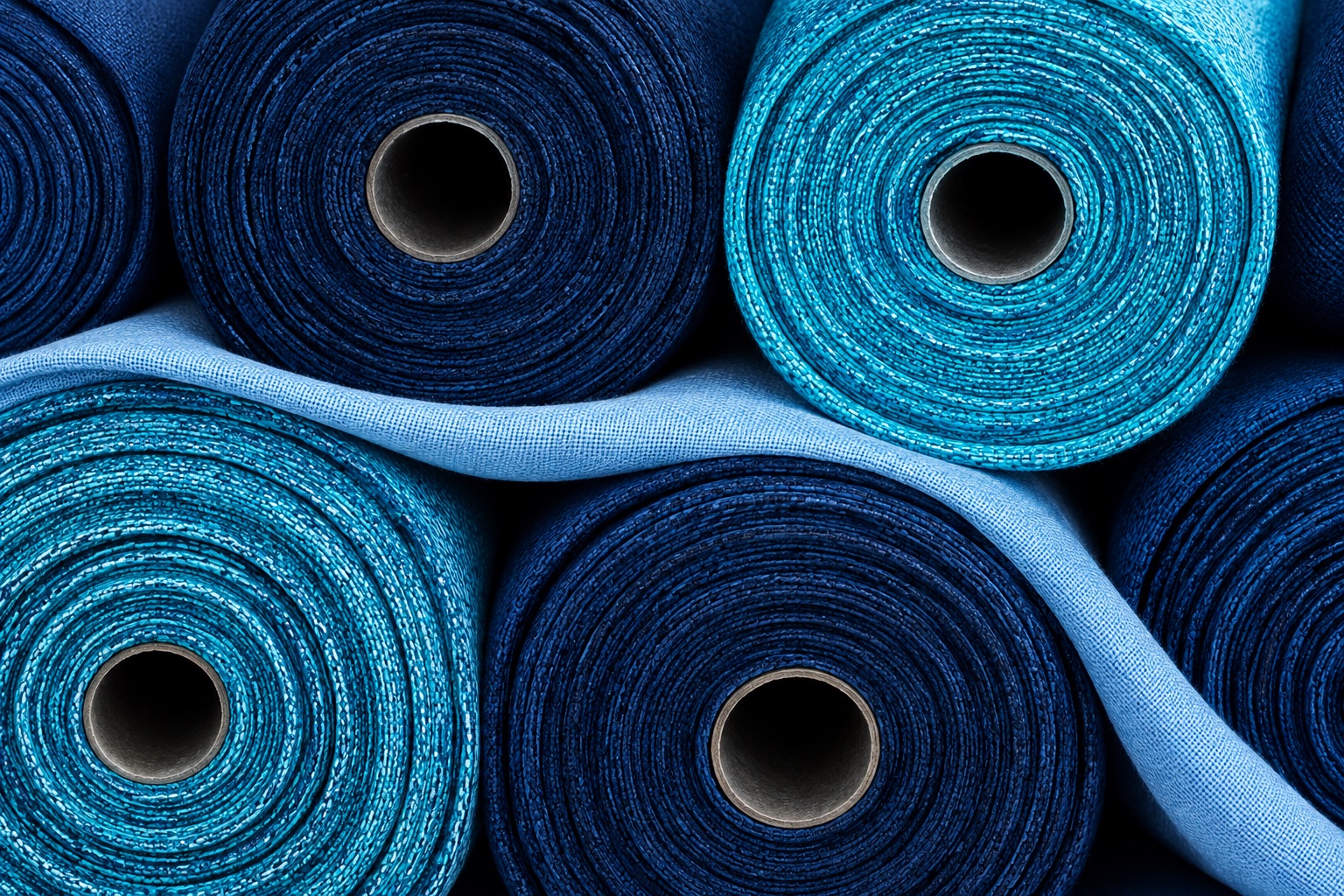 Detalle de rollos de tejido azul y turquesa; imagen ilustrativa, no inventario